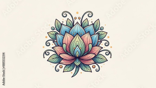 Vibrant lotus flower with pink blue and green petals surrounded by leaves and swirling lines on a beige background symbolizing growth and spirituality