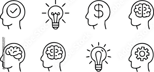 Intellectual and Cognitive Process Icon Set, Minimalist Human Mind and Innovation Graphics, Mental Health and Strategic Thinking Pictograms, vector, illustration, silhouette.