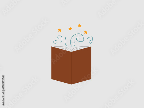 An open book with magical sparkles and stars floating above it