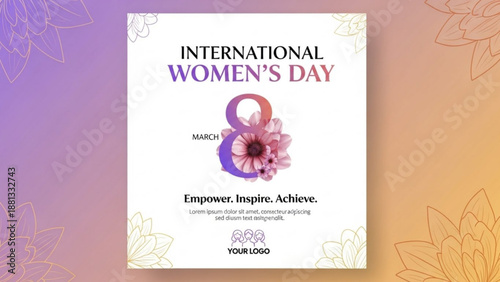 International women's day empowerment poster with purple and orange