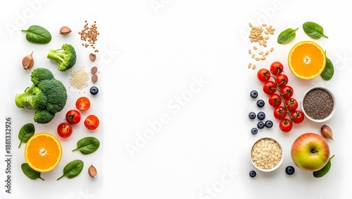 Flat lay of healthy food ingredients including fruits and vegetables on a white background.