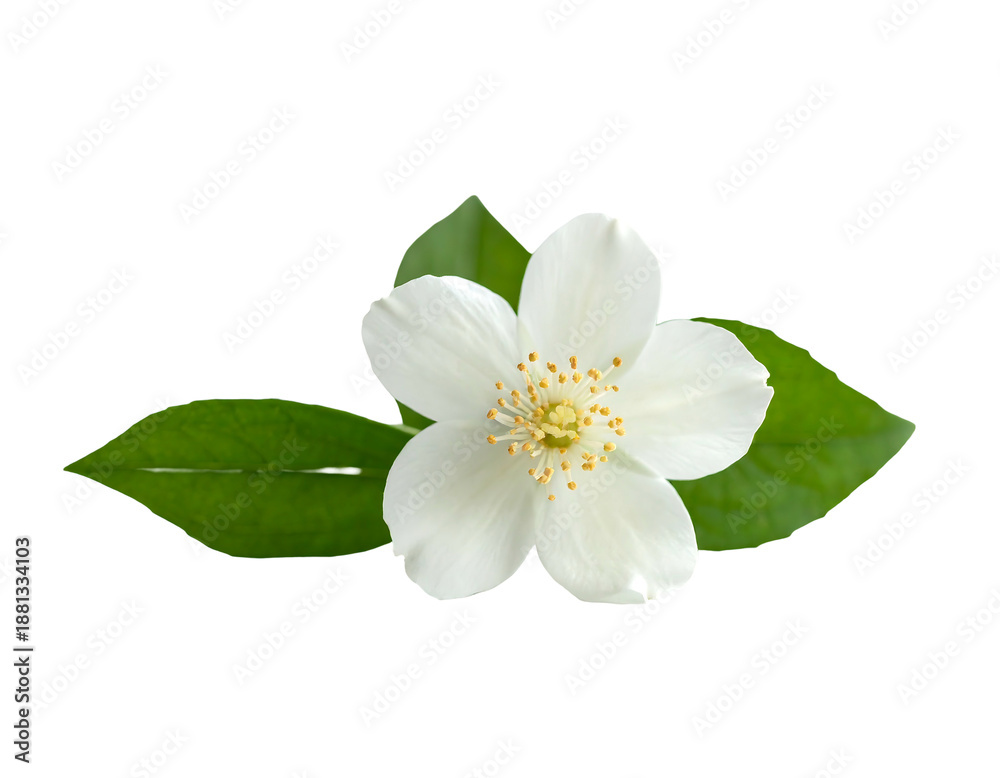 Obraz premium Delicate white bloom with green leaves, isolated on black