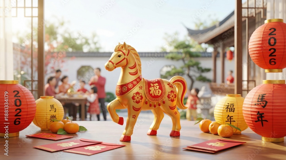 Fototapeta premium Chinese New Year 2026 Celebration With Horse Figurine, Red Lanterns, Envelopes, and Traditional Courtyard