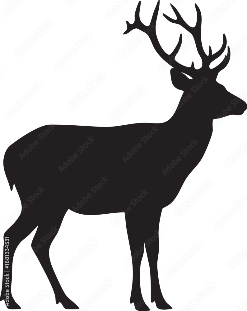 Obraz premium Black Silhouette of a Deer with Large Antlers Standing Sideways