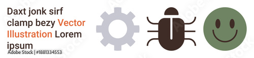 Technology, cybersecurity, online safety, digital concepts, human interaction, online communication. A gear, a bug and a happy. Technology and cybersecurity through symbolic icons