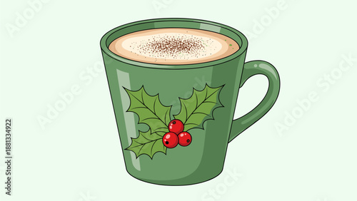 Holiday Drink: Mug of Festive Beverage with Holly, Warm Christmas Drink Illustration