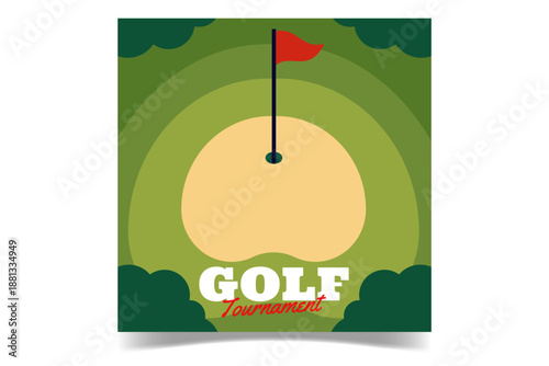 Golf course banner with putting green, grass, flag and hole illustration. Golf club tournament flyer with field, grass rings and sand bunker vector