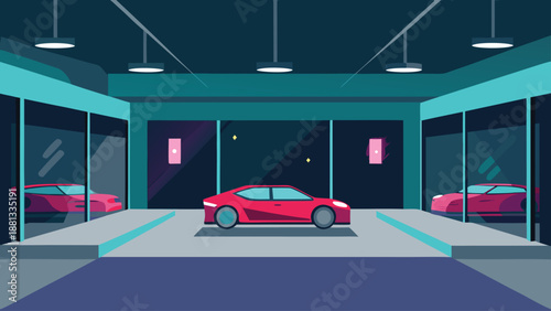 Striking red modern sports car prominently displayed inside a futuristic, stylized dealership showroom.