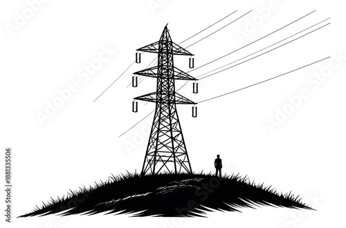 Silhouette illustration of a power line tower depicting a person standing on a grassy hill for industrial infrastructure
