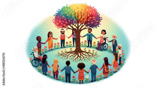 Diverse people unite around colorful tree of inclusion and harmony