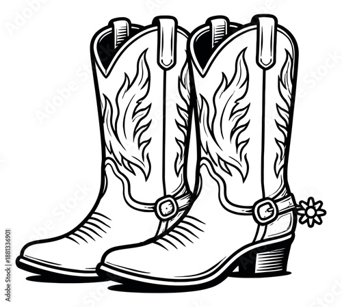 Hand drawn line art illustration of cowboy boots depicting iconic western footwear for country and rodeo themes