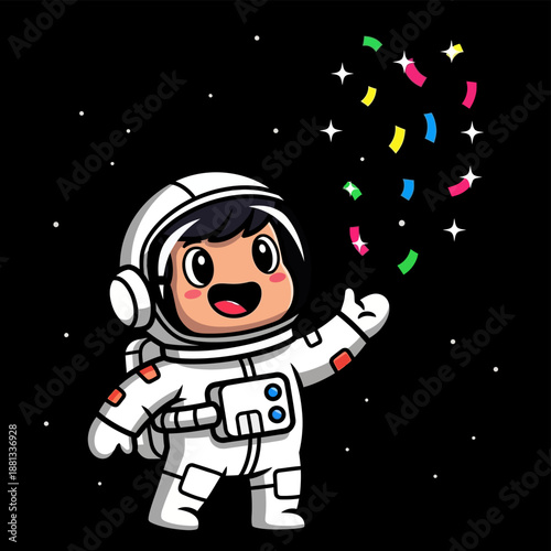 Cute Cartoon Astronaut Throwing Colorful Confetti and Glittering Stars in Outer Space. Cosmic Celebration Mascot Vector Illustration.