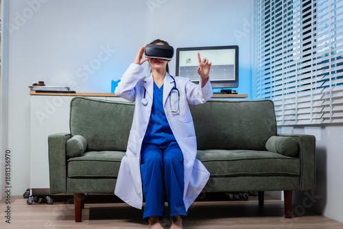 Smiling doctor wearing virtual reality headset explores immersive medical simulation, raising hands during interactive digital healthcare training, showcasing innovative technology, futuristic