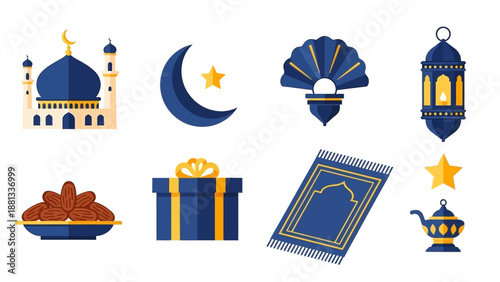 Ramadan Kareem Icons: Mosque, Crescent Moon, Dates, Gift, Lantern, Prayer Mat