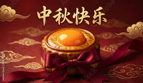 A luxurious Chinese digital banner for Mid-Autumn Festival. A glossy mooncake with golden yolk is centered, wrapped in a red silk ribbon