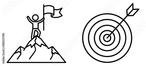 Line art achievement icons set featuring a triumphant figure on a mountain peak and an arrow hitting a target for business goals and motivation