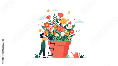Gardener woman stands on a ladder to water a giant terracotta pot filled with various colorful blooming flowers.