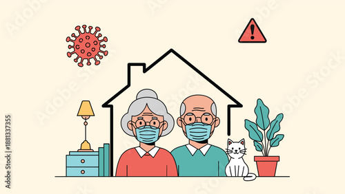 Senior couple wearing medical masks stays safe inside their home during a pandemic while a cat sits nearby them.