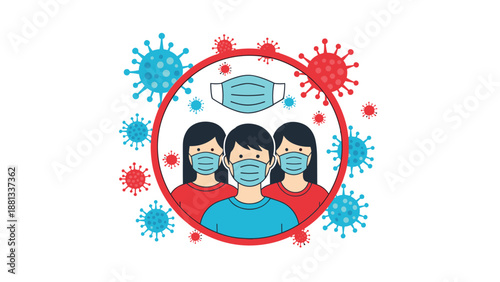 Group of young people wearing surgical masks for protection within a red circle surrounded by virus particles.