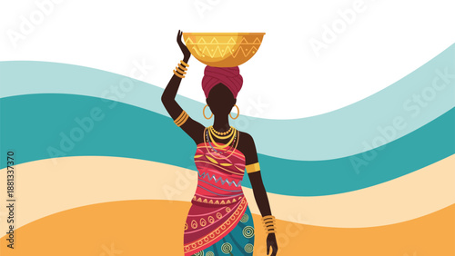 Silhouette of an African woman wearing traditional patterns carrying a golden bowl on her head against a wavy sea.