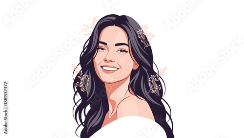 Portrait of a radiant smiling woman with long wavy dark hair decorated with delicate small white flowers against a plain white background.