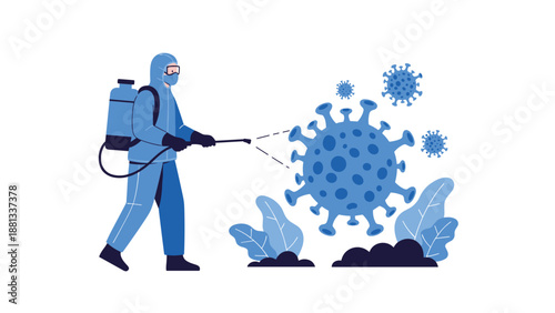 Specialist in a full blue protective hazmat suit spraying disinfectant to kill a large virus molecule in an outdoor area during a pandemic.