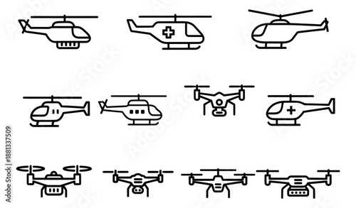 Line art aircraft set featuring helicopters and drones for transportation and technology applications
