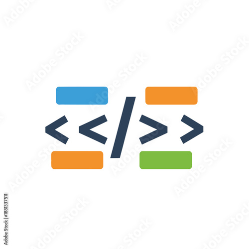 Modern flat design icon symbolizing digital coding, web development, and software engineering processes with abstract data transfer elements