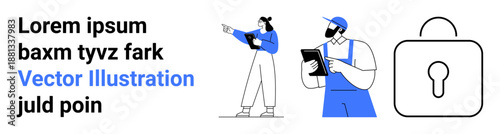 Manager pointing out tasks while worker records on tablet, large padlock for security concept. Ideal for teamwork, productivity, data protection, security, planning, collaboration, simple landing
