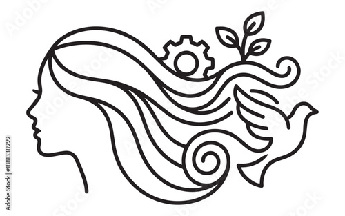 Stunning line art of woman with flowing hair and bird