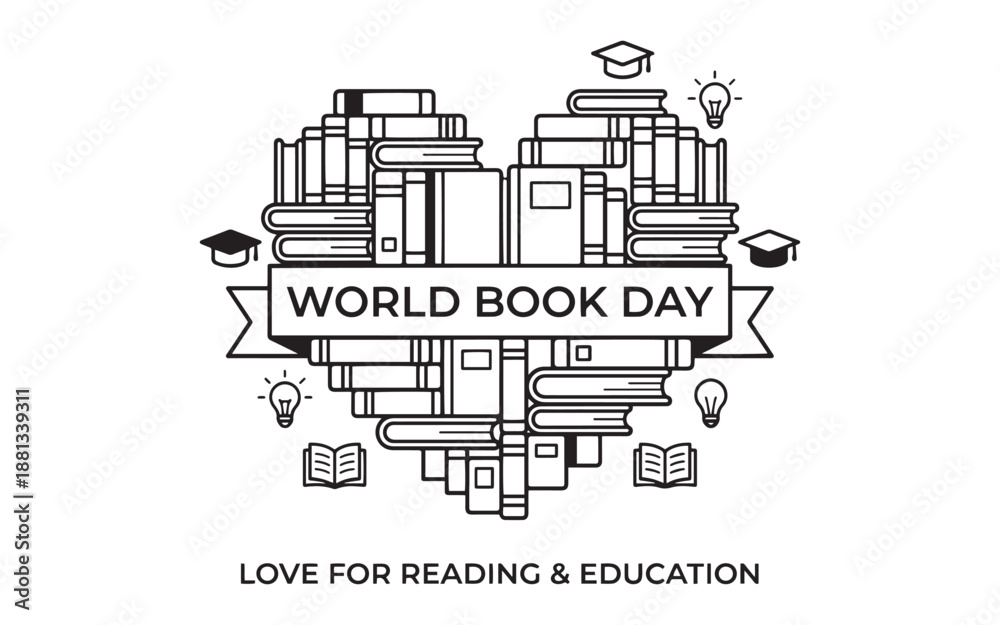Naklejka premium World Book Day celebration with books and graduation caps