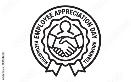 Employee appreciation day logo with handshake and recognition ribbon