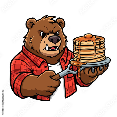 Aggressive Cartoon Bear Mascot in Flannel Holding Tall Stack of Syrupy Pancakes - Vector Illustration for Breakfast Branding