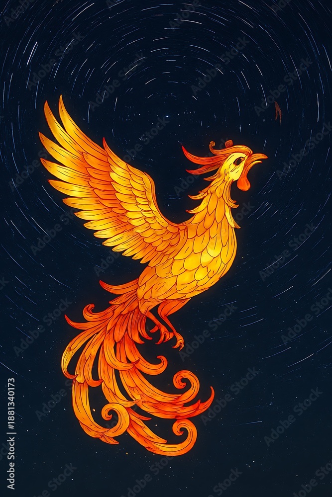 Obraz premium Fiery Phoenix with Star Trails in Night Sky