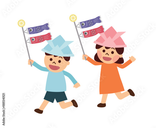 鯉のぼりを持って走る子どもたち