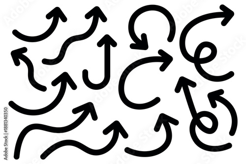 Various bold brush drawn curved arrows. Collection doodle marker thick arrows in different directions. Hand drawn vector direction pointers
