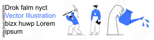 Education, teamwork, gardening, productivity, personal growth, community engagement. Group of people holding tools with a watering can. Education and teamwork by shared actions