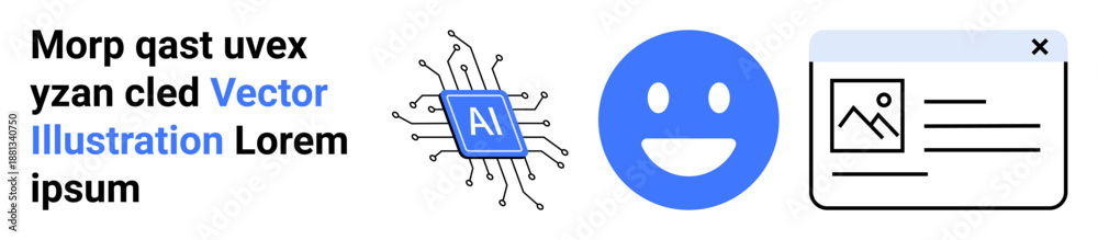 Fototapeta premium Artificial intelligence, digital technology, creative design, user interface, communication, data processing. Vector AI chip, happy face and content window. Artificial intelligence and digital