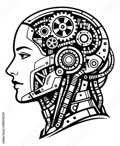 Line art illustration of a cyborg head depicting intricate internal mechanisms for artificial intelligence concepts