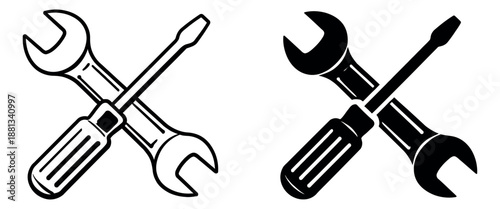 Line art and solid tool icons set featuring a crossed wrench and screwdriver for repair and service concepts