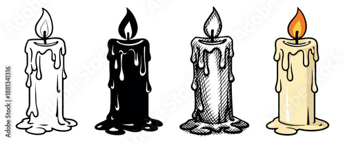 Hand drawn cartoon candle set featuring melting wax and burning flames in various artistic styles for decoration or celebration designs