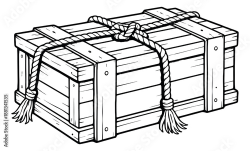 Hand drawn illustration of a wooden crate depicting a rope binding for storage and delivery