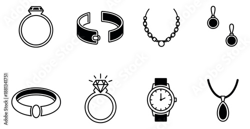 Minimalist line art jewelry and accessory set featuring rings, necklaces, earrings, a bracelet, and a watch for luxury shopping