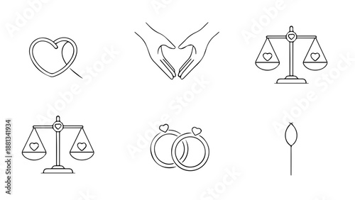 Symbolic icons of love and commitment isolated on white background, Vector