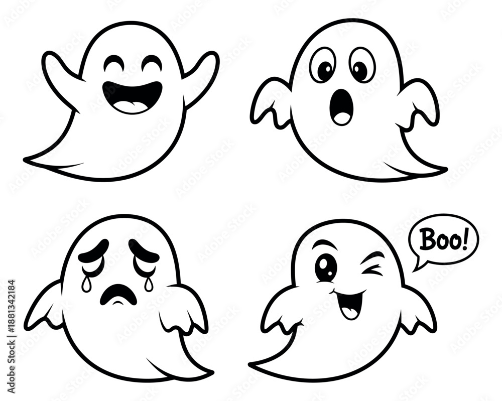 Obraz premium Cute line art ghost character set featuring various expressions for Halloween