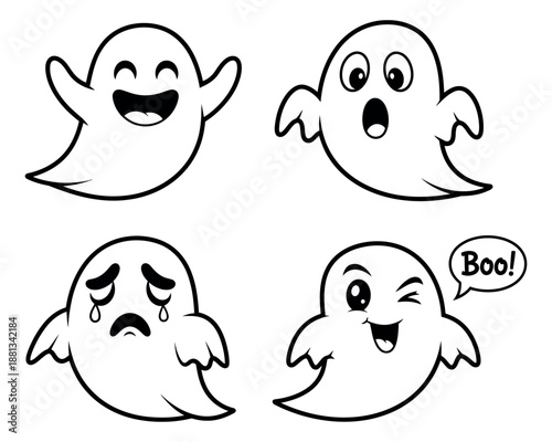 Cute line art ghost character set featuring various expressions for Halloween