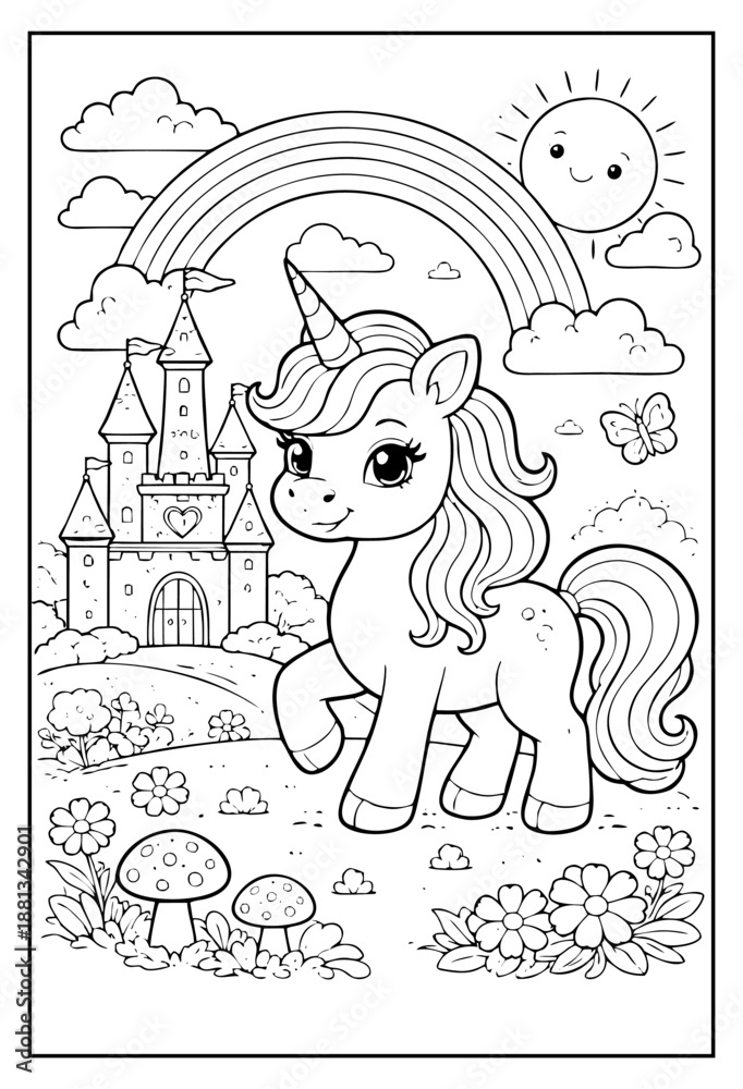 Fototapeta premium A cute unicorn stands before a fantasy castle, accompanied by a rainbow, smiling sun, flowers, and mushrooms in this vertical black-and-white line art coloring page.