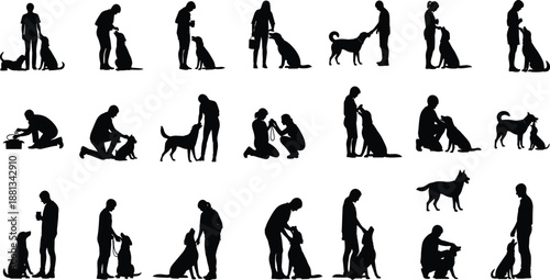 Black Silhouette Collection of People Training and Interacting with Dogs Featuring Various Breeds and Poses Isolated on White Background for Pet Care and Veterinary Illustration