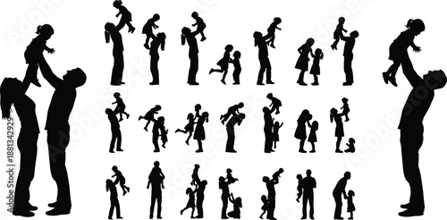 Black Silhouette Collection of Happy Parents Playing with Children and Lifting Toddlers Isolated on White Background for Family Bonding Parenting and Childhood Joy Concept Illustration