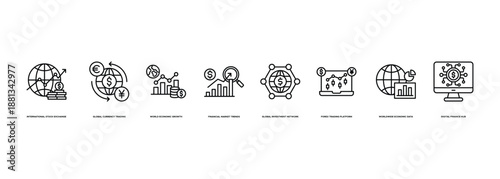 Global Finance Market Banner Illustration Featuring International Stock Exchange, Global Currency Trading, World Economic Growth, Financial Market Trends, Global Investment Network